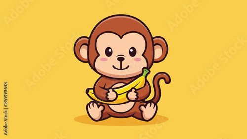 Cute Cartoon Baby Monkey Sitting and Holding a Yellow Banana.