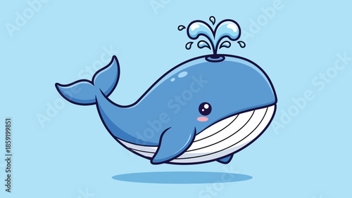 Cute Cartoon Blue Whale Spouting Water from Blowhole.