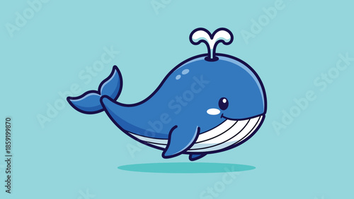 Cute Cartoon Blue Whale Spouting Water Vector Illustration.