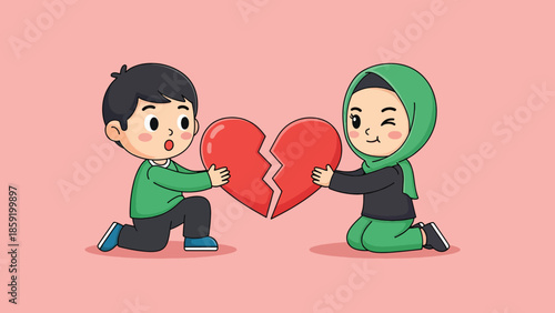 Cute cartoon boy and girl mending a broken red heart together.