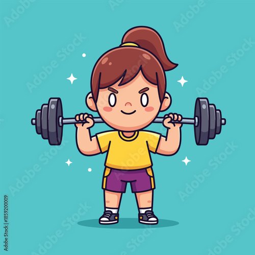 Cute cartoon girl lifting heavy barbell with determined expression.