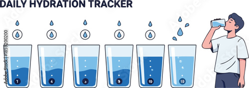 Daily hydration tracker showing water levels in glasses and a person drinking water from a bottle