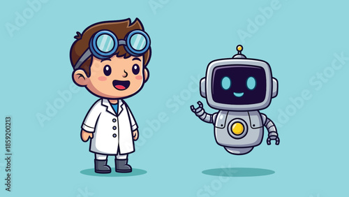 Cute Cartoon Scientist Boy with Goggles and Friendly Robot Illustration.
