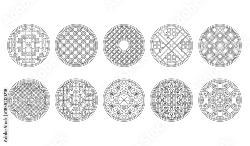 Circular Korean ornamental window frame vector collection with traditional lattice patterns isolated on white background