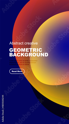 Abstract geometric background features vibrant color gradients. Text includes sample content, button for more information. Modern design.