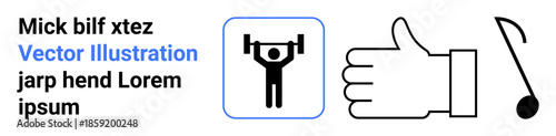 Sports and fitness, positive reinforcement, music , communication, motivation, design assets. Weightlifting figure, thumbs-up symbol and musical note. Sports and fitness positive reinforcement