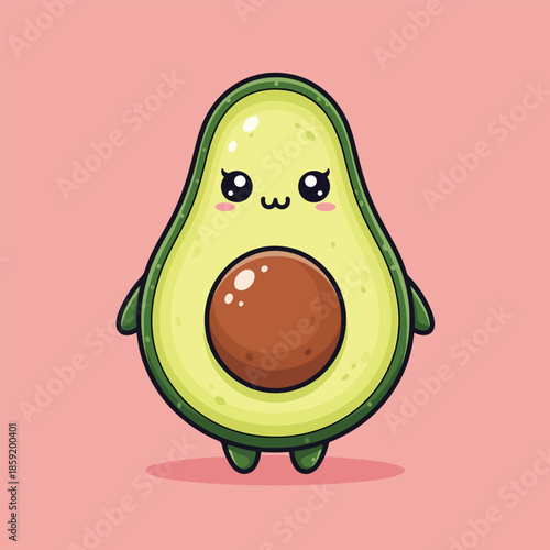 Cute Kawaii Cartoon Avocado Character with Happy Face and Brown Pit.
