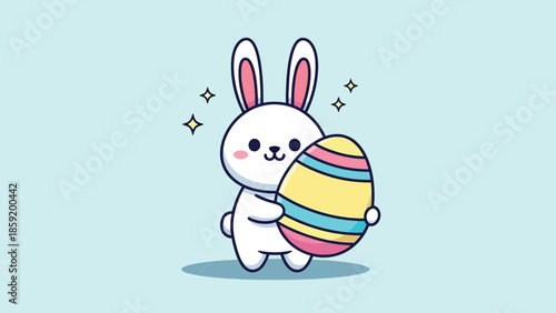 Cute white cartoon rabbit holding a colorful striped Easter egg.