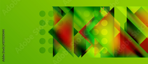 Abstract geometric design. Vibrant colors blend, creating dynamic visual texture. Green background contrasts shapes, dots.