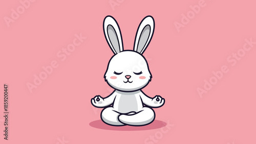 Cute white cartoon rabbit meditating peacefully in lotus pose with closed eyes.