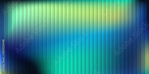 Concept of reeded glass banner. Futuristic vibrant ribbed banner. Vector illustration with ripple glass texture effect. Modern colourful gradient background with glass displacement effect.