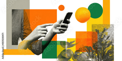 Artistic depiction of person using mobile phone amidst abstract shapes and botanical elements