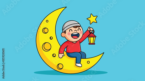 Happy Cartoon Muslim Boy Sitting on Crescent Moon Holding Lantern and Star.