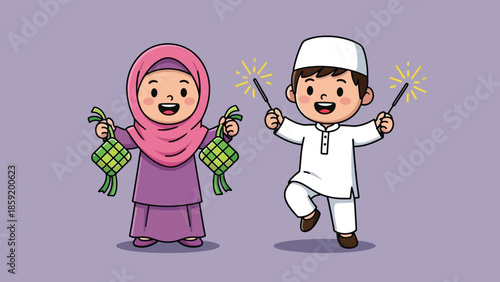 Happy Muslim Cartoon Children Celebrating Eid with Ketupat and Sparklers.