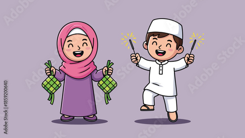 Happy Muslim children celebrating Eid alFitr with traditional ketupat and sparklers.