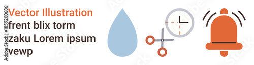Business tools, time management, notifications, design elements, communication, utility icons. Array of icons showing water drop, clock scissors bell. Business tools and time management are