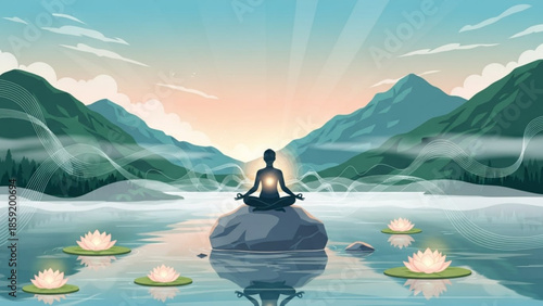 Serenity Amidst Nature: A person meditating in lotus position, surrounded by water and mountain, basking in the sun's warm glow, representing peace, mindfulness and self-discovery.