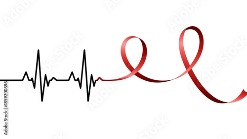Heartbeat of Hope: A conceptual illustration showing a lifeline evolving into a red ribbon, a symbol of awareness, support, and hope in the fight against a disease.