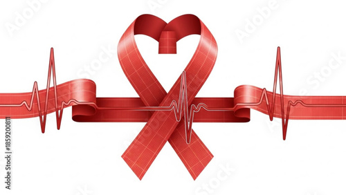 Heartbeat of Support: A vibrant red ribbon forms a heart, intertwined with an electrocardiogram line, symbolizing solidarity and awareness. A powerful symbol of support for health issues.