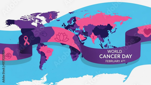 World Cancer Day: World Cancer Day graphic design with world map background. Showcasing global solidarity in raising awareness for early detection and prevention of cancer. 