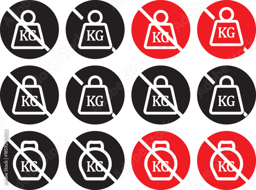 no Weight heavy kg icon. Maximum load limit symbols. No heavy lifting graphic design. Prohibited Kilogram Weight symbol line and bold style.  No kilogram (KG) icons