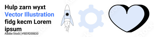 Innovation, technology, engineering, emotional connection, creativity, design inspiration. a rocket, gear and heart icons. Innovation and emotional connection concept