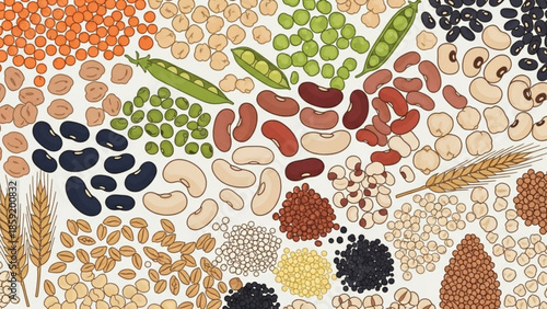 Assortment of Healthy Grains and Legumes: A vibrant collection of various grains and legumes, each representing a different kind of nutritious staple food, arranged to showcase a colorful.