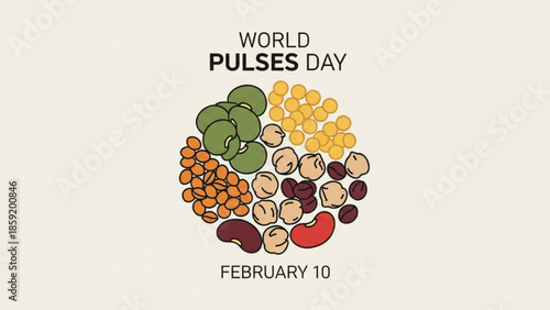World Pulses Day: A graphic illustration showcasing a variety of pulses arranged in a visually appealing design, celebrates the global event with a clear message and date.
