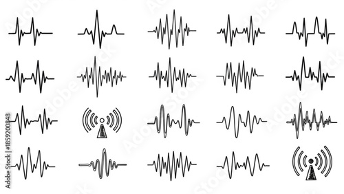 Sound Wave Signals: A compelling visual exploration of sound waves, showcasing a variety of oscillating patterns, with several examples illustrating the essence of audio and communication. 