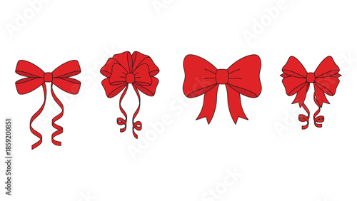 Collection of four vibrant red gift bows in various styles, perfect for festive occasions.