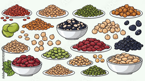 Diverse array of beans: A vibrant assortment of various bean types, meticulously arranged on plates and in bowls, ready to elevate culinary creations and promote wholesome nutrition.