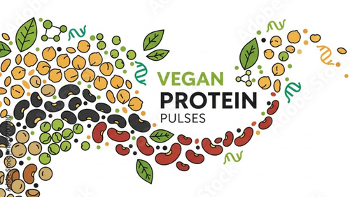 Vegan Protein Pulses: A vibrant illustration showcasing an array of diverse pulses, symbolizing the heart of plant-based protein, perfect for health enthusiasts. 