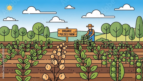 Organic Farm: A serene, idyllic depiction of a vibrant farm, with rows of flourishing crops and a farmer diligently tending to the harvest under a bright sky. A picturesque scene of natural abundance.