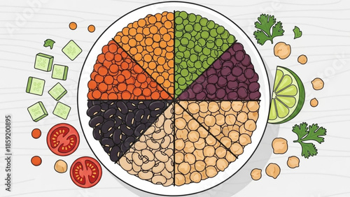 Vibrant Variety: A visual feast of colorful legumes, artistically arranged on a plate with fresh accompaniments. This image is a celebration of healthy eating and the beauty of plant-based cuisine.