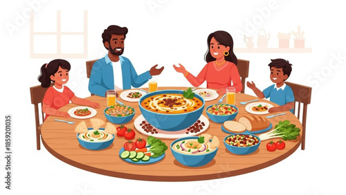Family Mealtime: A warm depiction of a family gathered around a table laden with food, creating a scene of familial bonding and shared enjoyment. Capturing the essence of unity and culinary delight.