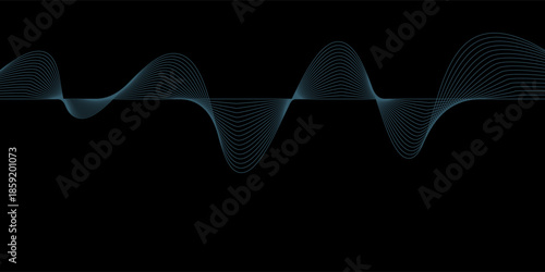 Abstract blue wavy lines of the sound wave. Dynamic gradient pulsating wave. Musical neon concept, symbols of the frequency of digital music. Vector illustration on a black background
