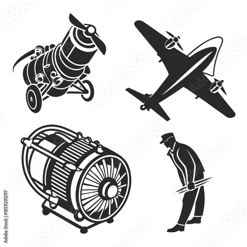 Vintage aviation and engineering silhouettes