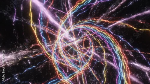 Colorful neon light trails swirling in a circular motion on a dark background with a glowing center, possibly used for tech or futuristic designs