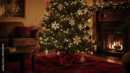 Cozy living room with decorated Christmas tree beside warm fireplace on a dark winter evening