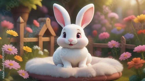 Cute white rabbit sitting on a fluffy cushion in a colorful garden with flowers and a wooden fence in the background for Easter or spring themed greeting cards