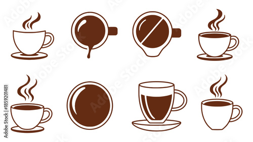 Collection of steaming coffee cups and coffee rings in a top view and side view illustration