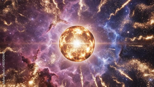 Cosmic explosion with bright orange and yellow lights in space, stars and galaxies in background, depicting a celestial event