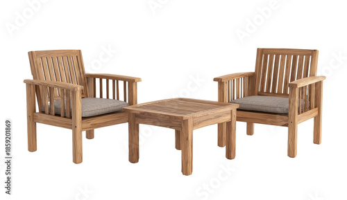 Wooden outdoor furniture set, two armchairs with cushions and a square table on a solid black background
