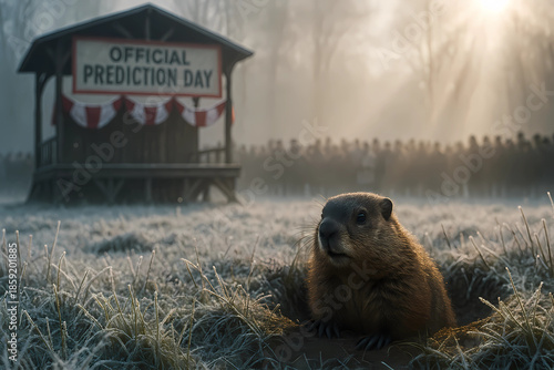A groundhog peeks out of its hole. Behind it
is a stage draped in red and white banners, and a large sign reading 