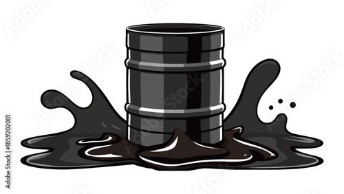 Black oil barrel leaking dark liquid, symbolizing industrial spills and environmental concerns.