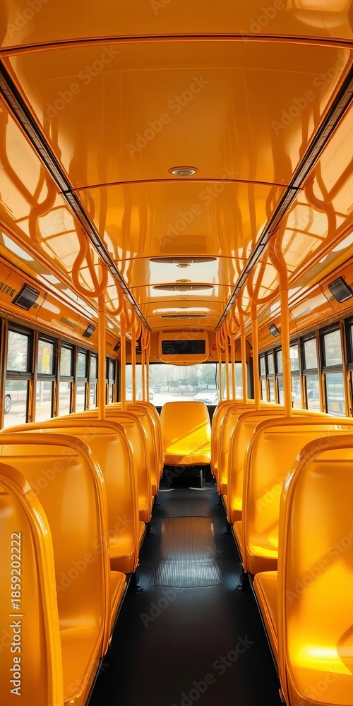 Fototapeta premium Interior of a school bus showing rows of empty yellow seats, education, school bus