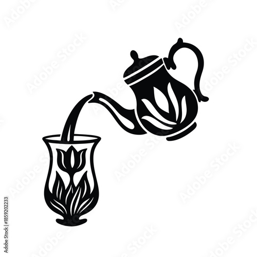 Stylized Teapot Pouring Tea into Traditional Cup Vector Icon