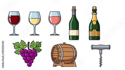 Collection of wine-related items including glasses, bottles, grapes, a barrel, and a corkscrew on a white background.