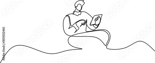 One line drawing of man sitting and using tablet, minimalist continuous line art of person working or relaxing with digital device