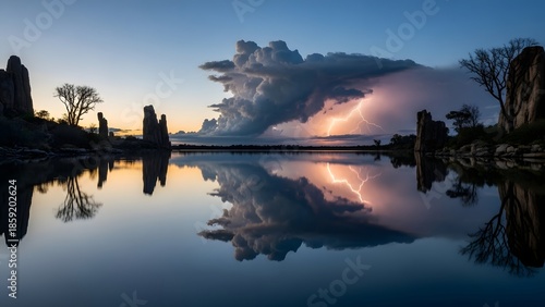Dramatic thunderstorm with lightning bolt reflecting in a calm lake surrounded by rocky formations at twilight